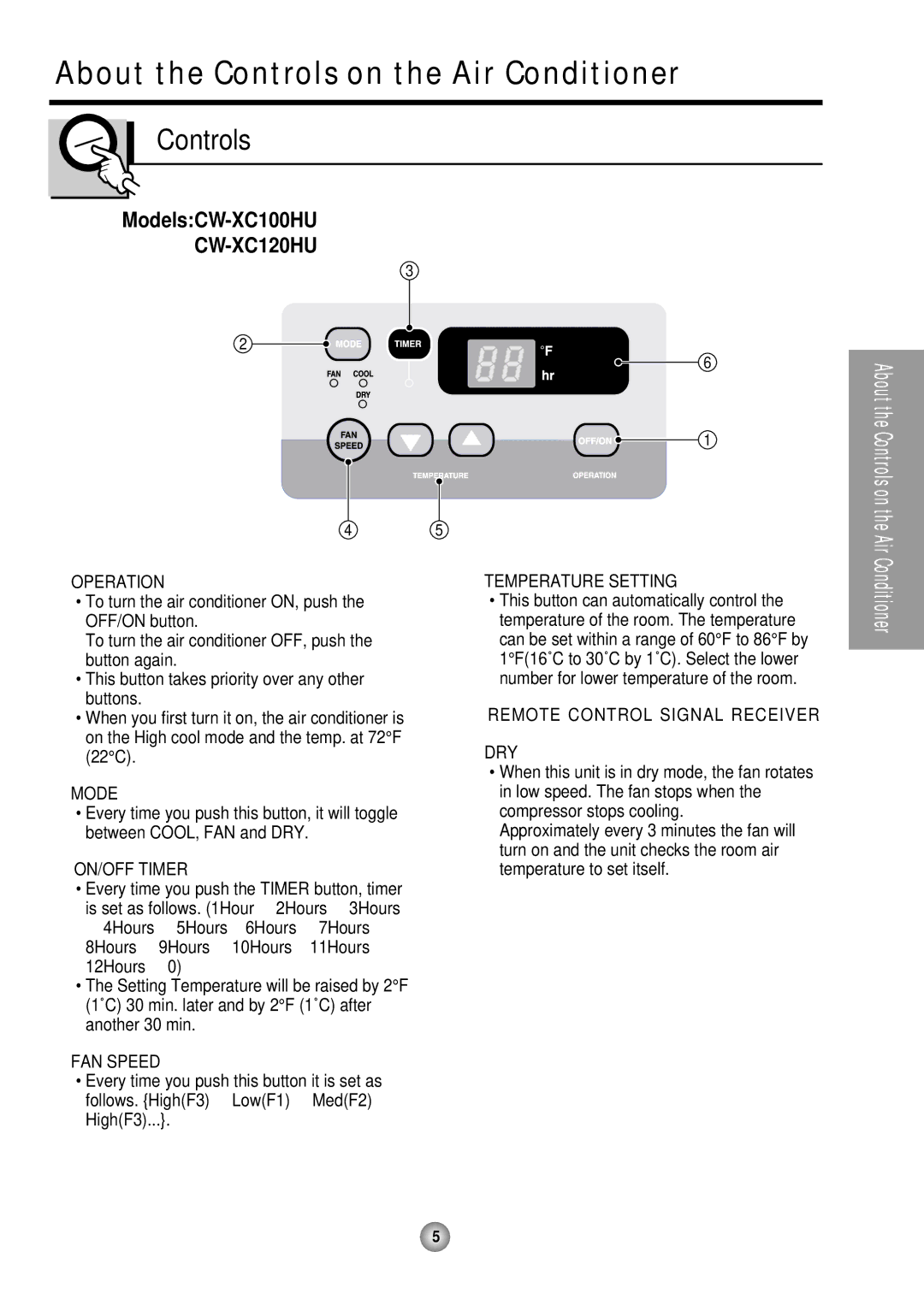 Panasonic CW-XC120HU, CW-XC100HU manual About the Controls on the Air Conditioner 