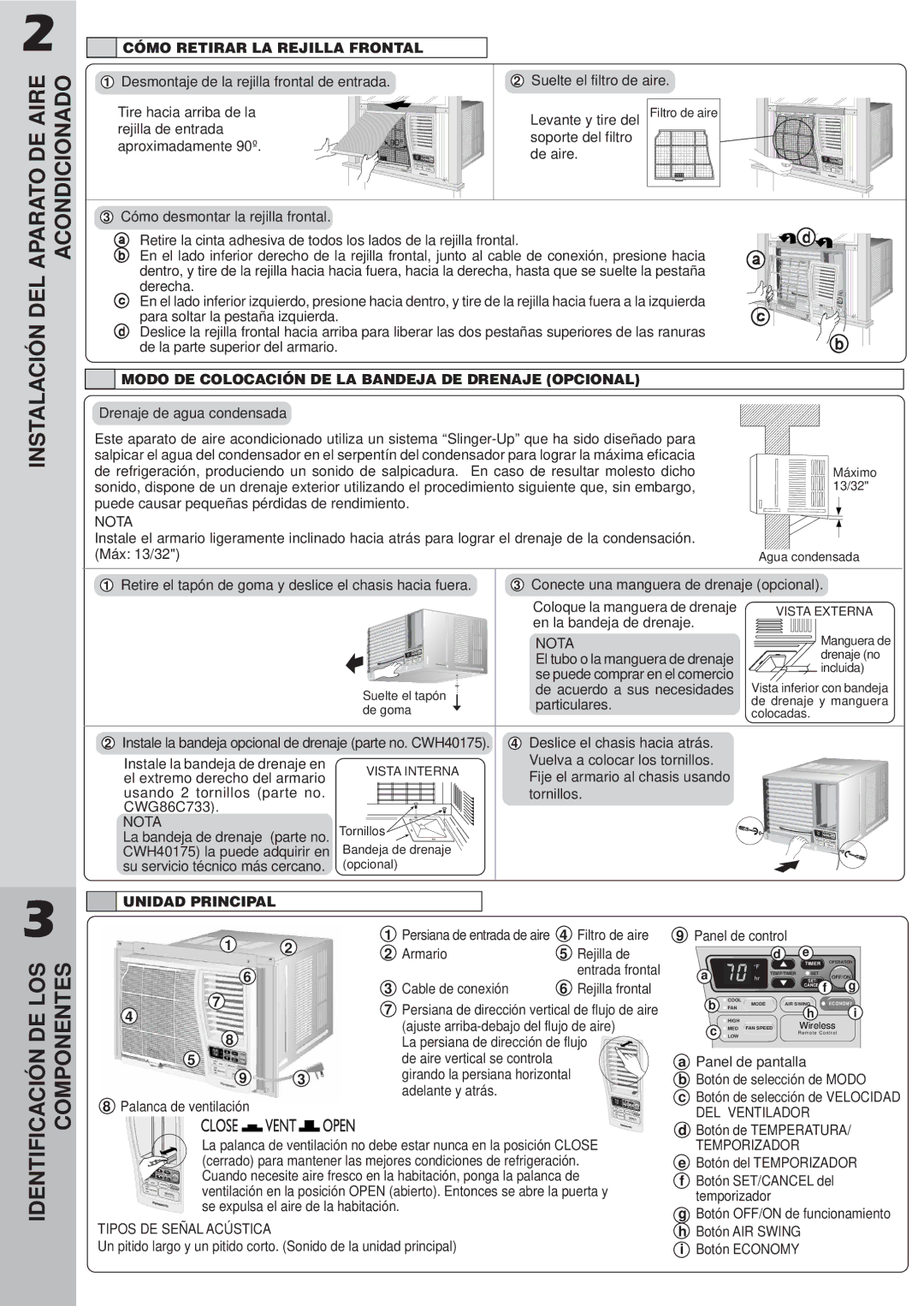 Panasonic CW-XC103VU, CW-XC123VU manual DE Aire Acondicionado, Cómo Retirar LA Rejilla Frontal, Unidad Principal 