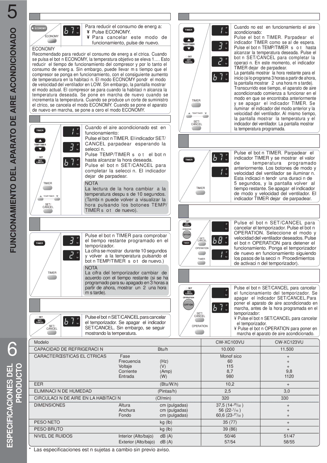 Panasonic CW-XC103VU, CW-XC123VU Modo DE Funcionamiento Economy Activación DEL Temporizador, Desconexión DEL Temporizador 