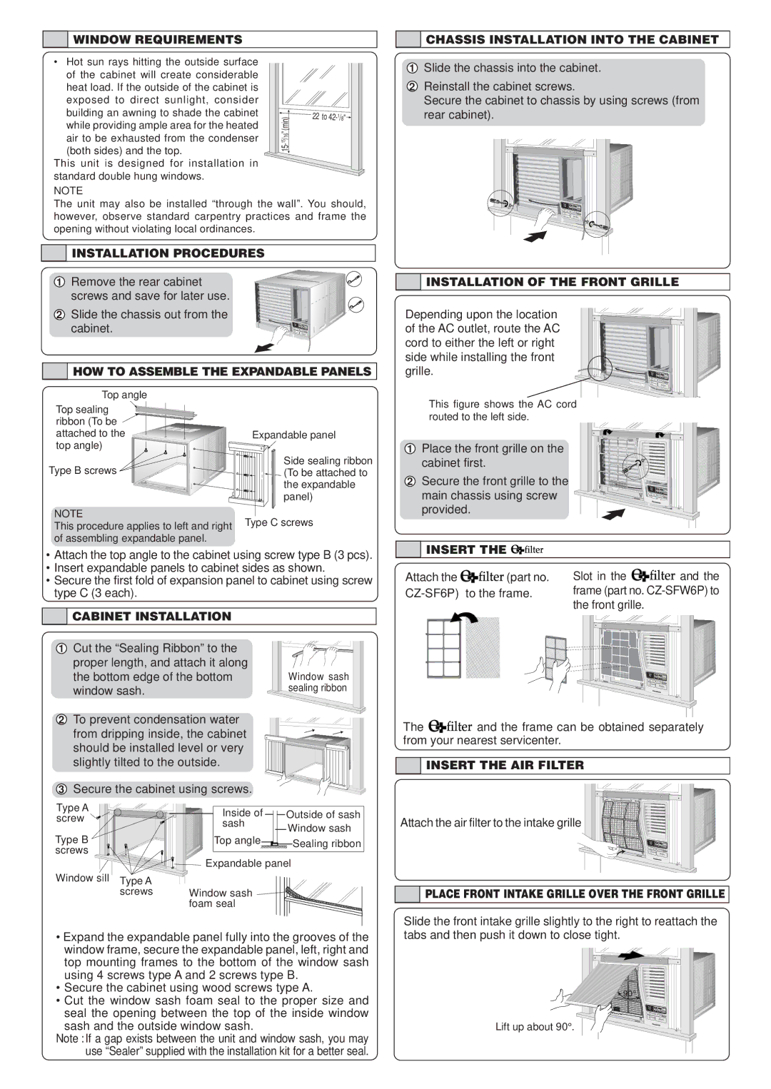 Panasonic CW-XC123VU manual Window Requirements Chassis Installation Into the Cabinet, Installation Procedures, Insert 