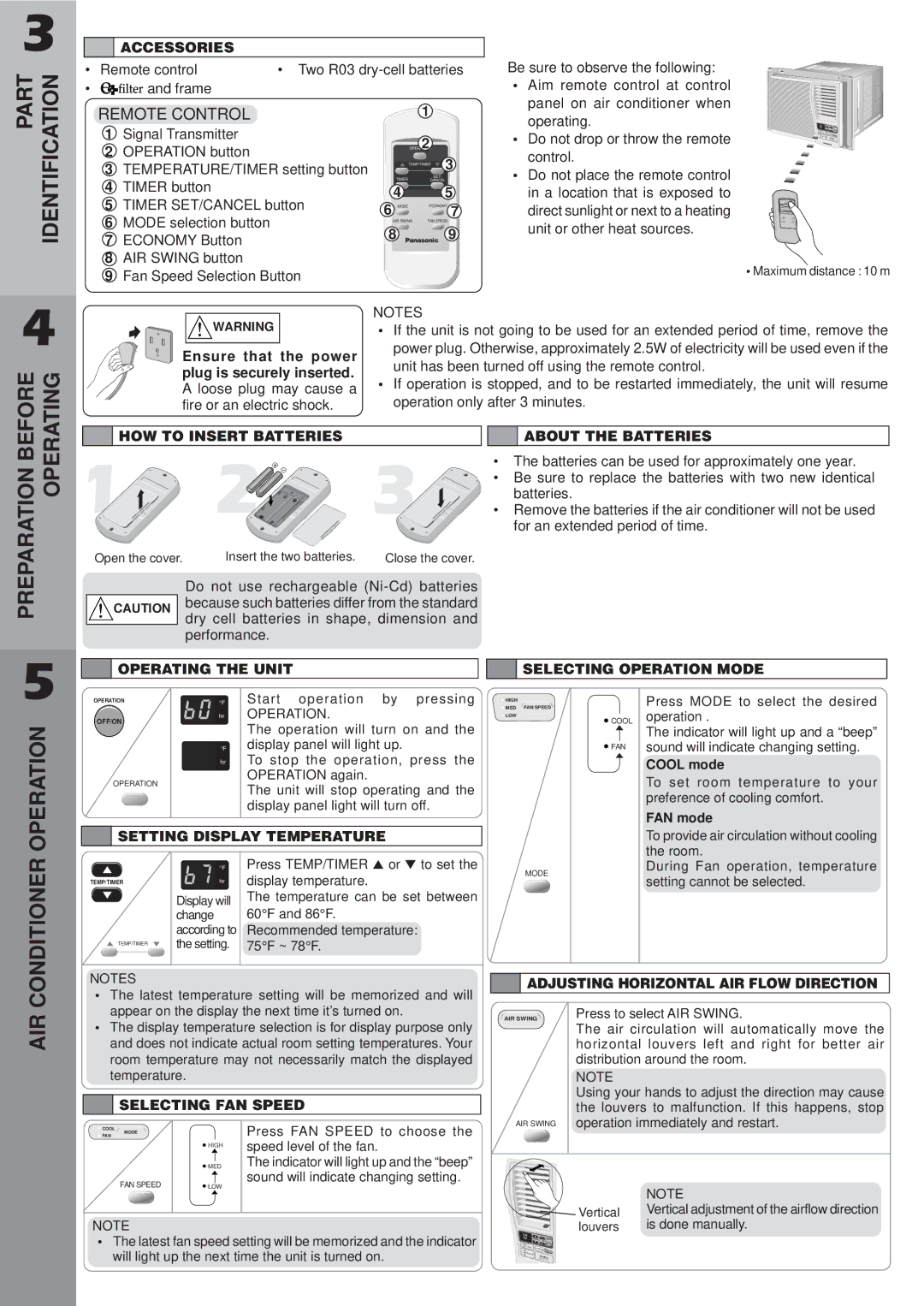 Panasonic CW-XC123VU, CW-XC103VU manual Preparation Before Operating, Conditioner Operation, Part, Identification 