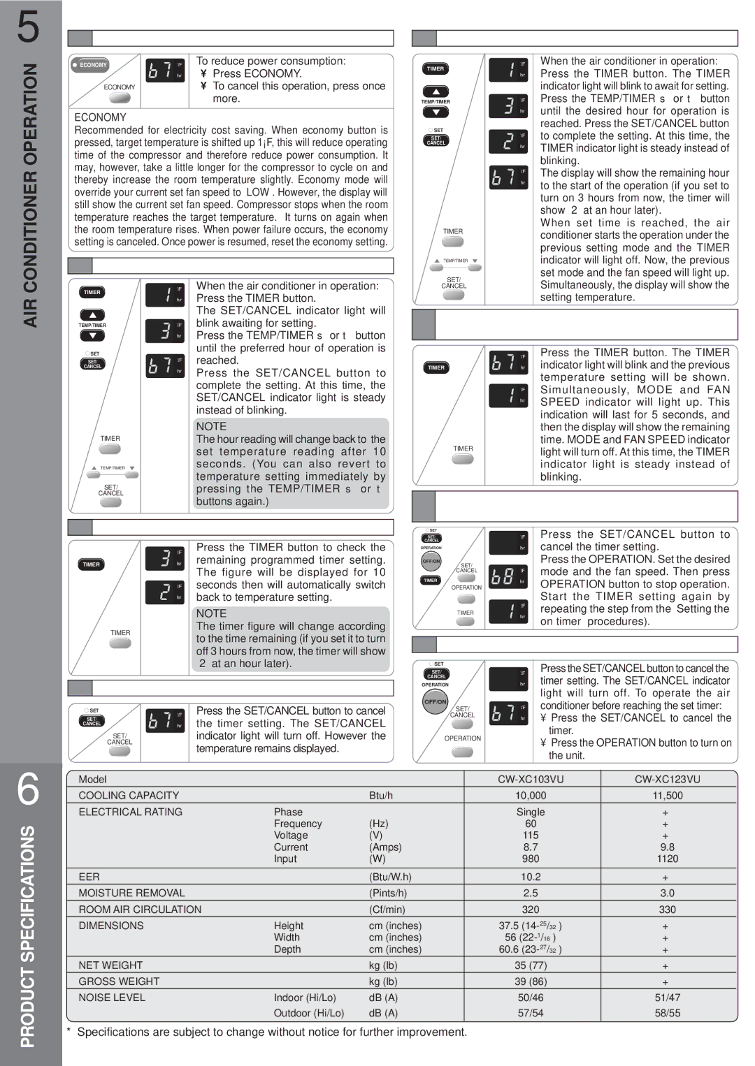 Panasonic CW-XC103VU, CW-XC123VU manual AIR Conditioner Operation 