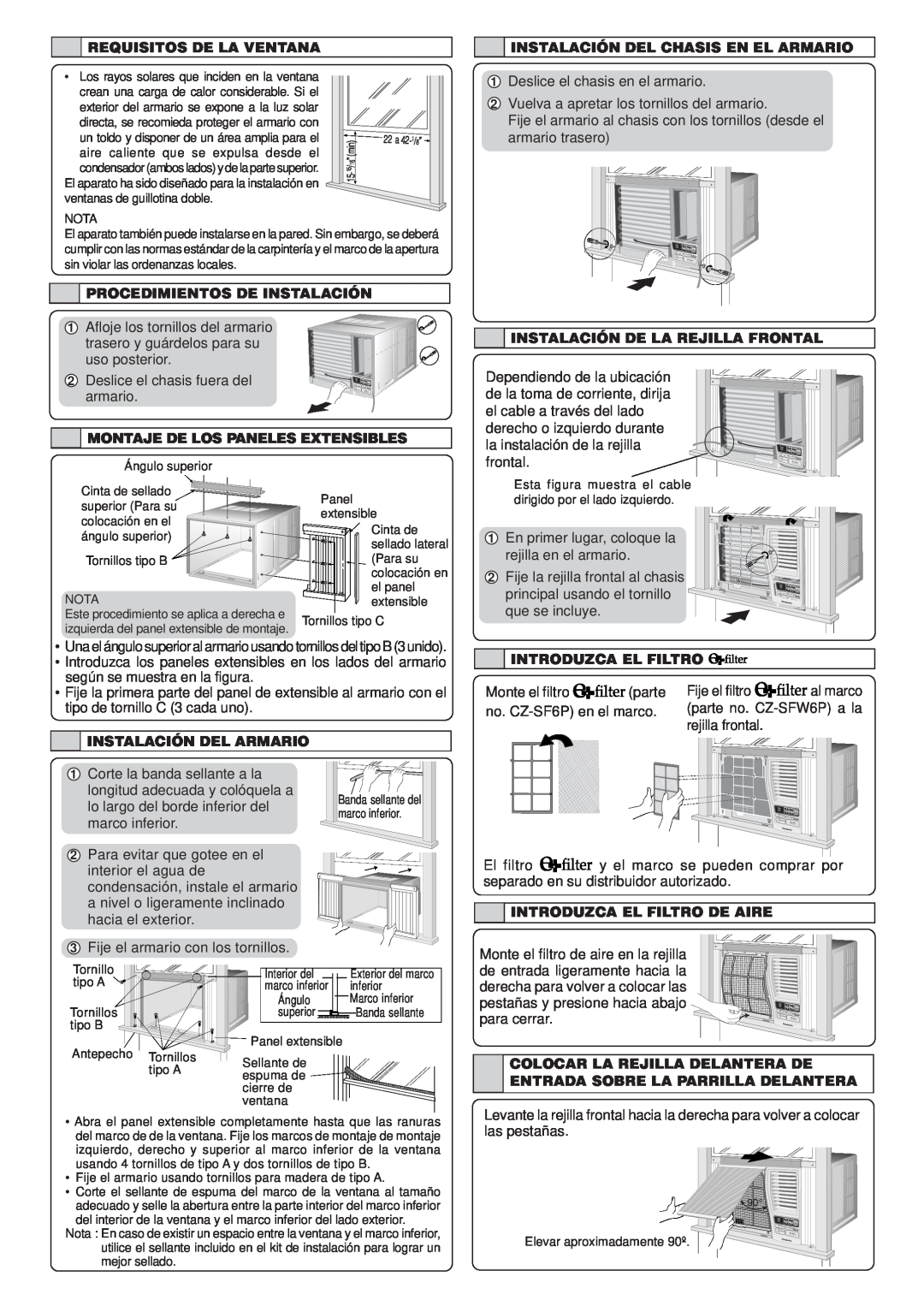 Panasonic CW-XC123VU manual Requisitos De La Ventana, Instalación Del Chasis En El Armario, Procedimientos De Instalación 