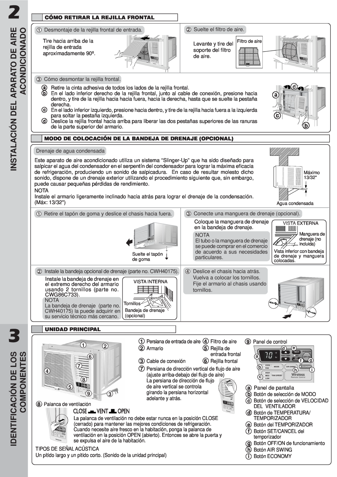 Panasonic CW-XC103VU, CW-XC123VU manual De Los Componentes, Instalación Del Aparato, De Aire Acondicionado 
