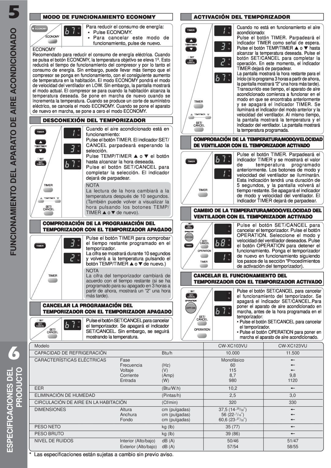 Panasonic CW-XC103VU manual Especificaciones Del Producto, Modo De Funcionamiento Economy, Activación Del Temporizador 