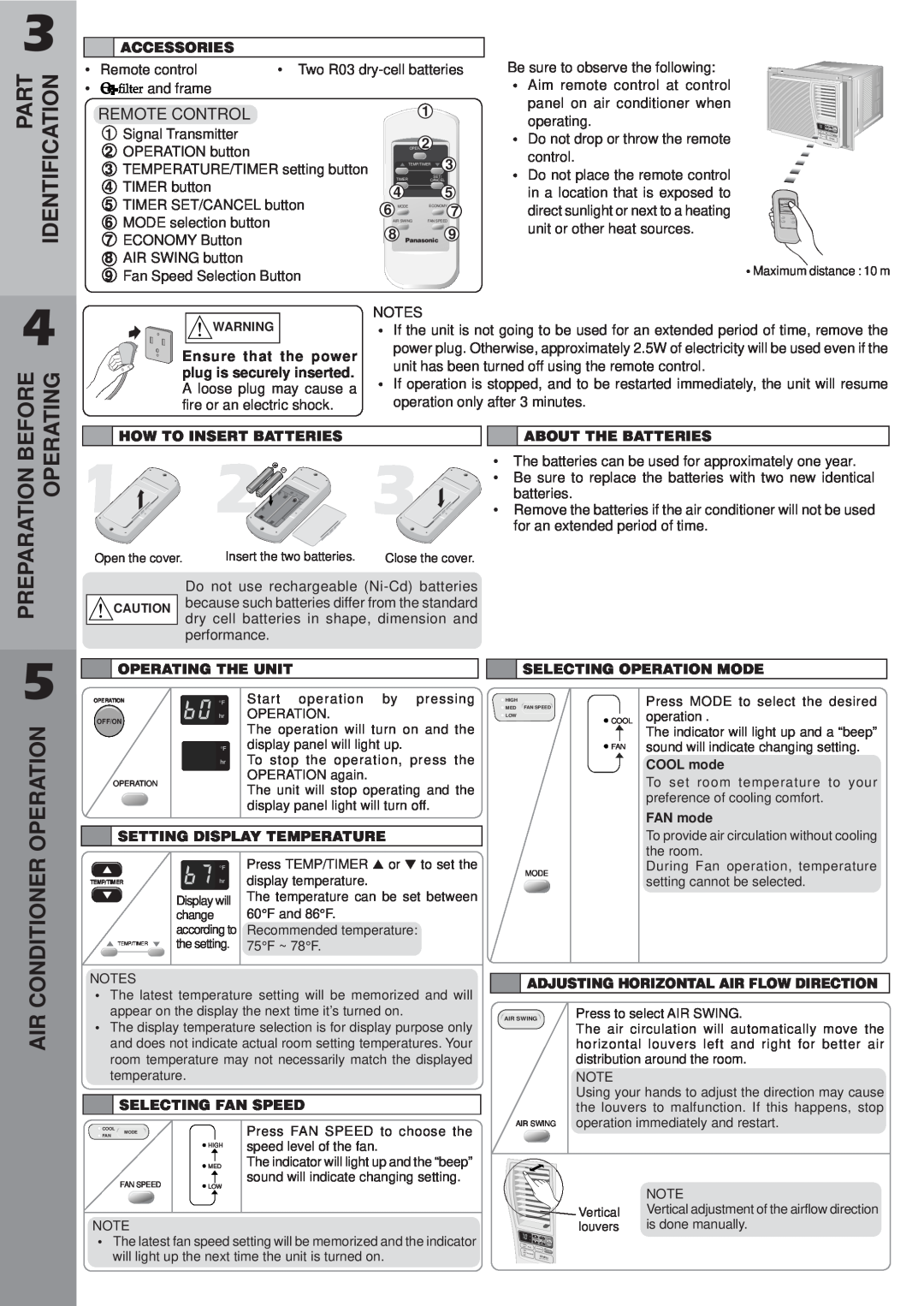 Panasonic CW-XC123VU manual Preparation Before, Operating, Conditioner Operation, Part, Identification, Remote Control 