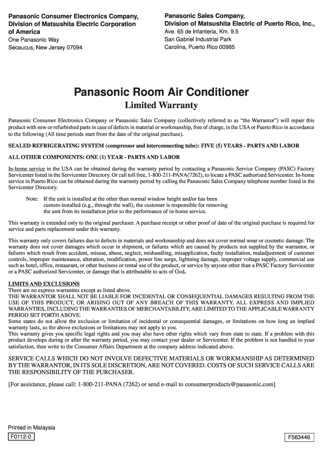 Panasonic CW-XC103VU Panasonic Room Air Conditioner, Limited Warranty, Panasonic Consumer Electronics Company, of America 
