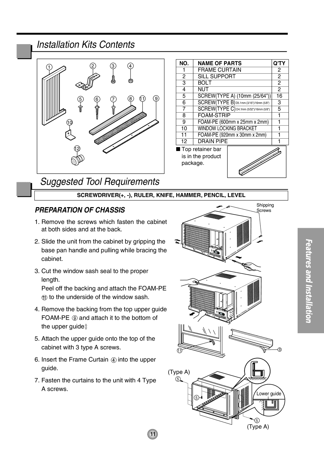 Panasonic CW-XC124HU, CW-XC104HK, CW-XC104HU, CW-XC144HU manual Installation Kits Contents, Suggested Tool Requirements 