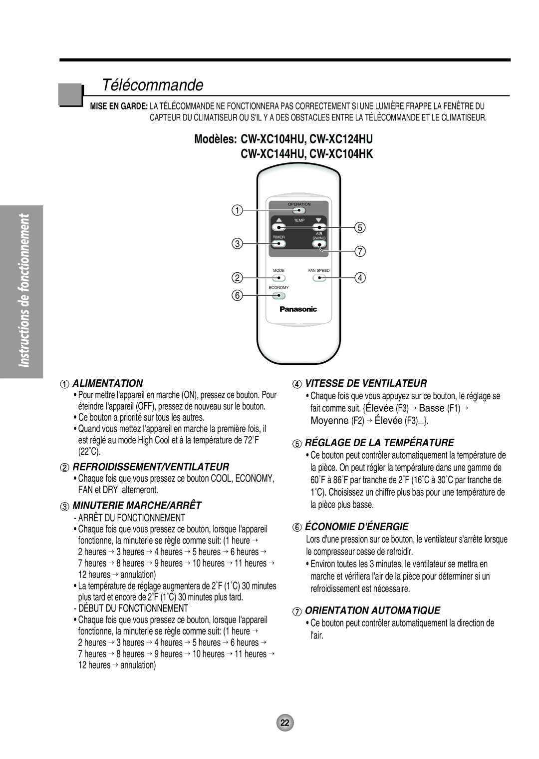 Panasonic CW-XC144HU, CW-XC104HK, CW-XC104HU, CW-XC124HU manual Télécommande, Économie Dénergie 