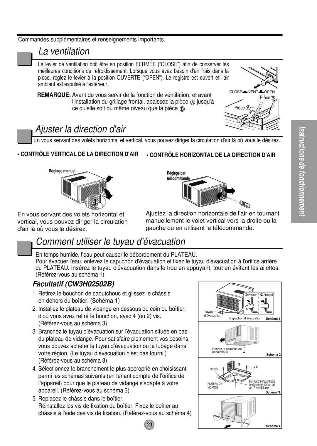 Panasonic CW-XC124HU, CW-XC104HK manual La ventilation, Ajuster la direction dair, Comment utiliser le tuyau d’évacuation 