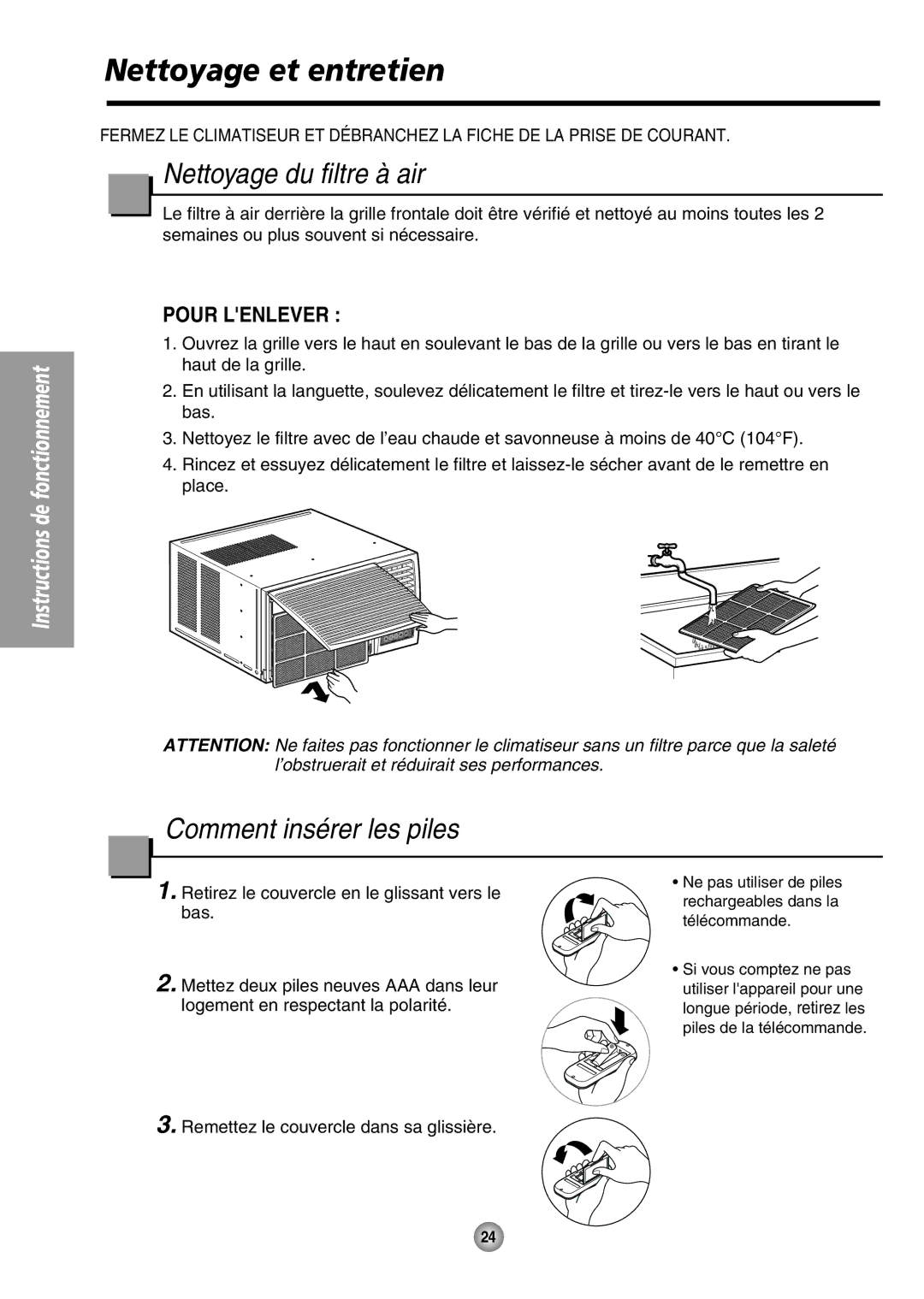 Panasonic CW-XC104HK, CW-XC104HU, CW-XC144HU Nettoyage et entretien, Nettoyage du filtre à air, Comment insérer les piles 