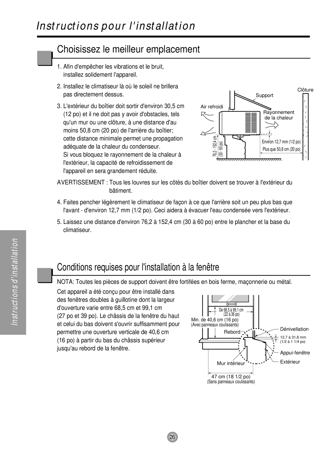 Panasonic CW-XC144HU, CW-XC104HK, CW-XC104HU, CW-XC124HU Instructions pour linstallation, Choisissez le meilleur emplacement 