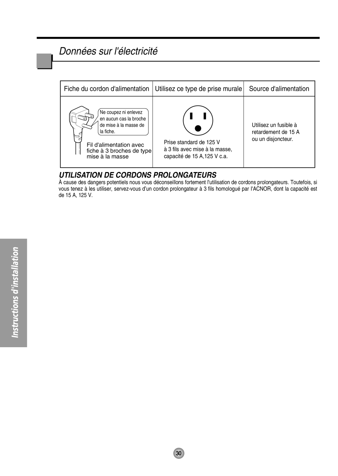 Panasonic CW-XC144HU, CW-XC104HK, CW-XC104HU, CW-XC124HU manual Données sur lélectricité, Utilisation DE Cordons Prolongateurs 