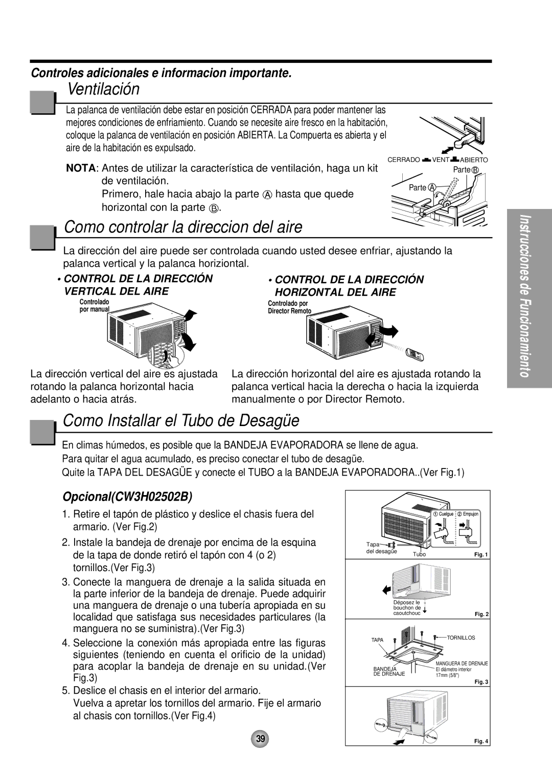 Panasonic CW-XC124HU, CW-XC104HK manual Ventilación, Como controlar la direccion del aire, Como Installar el Tubo de Desagüe 