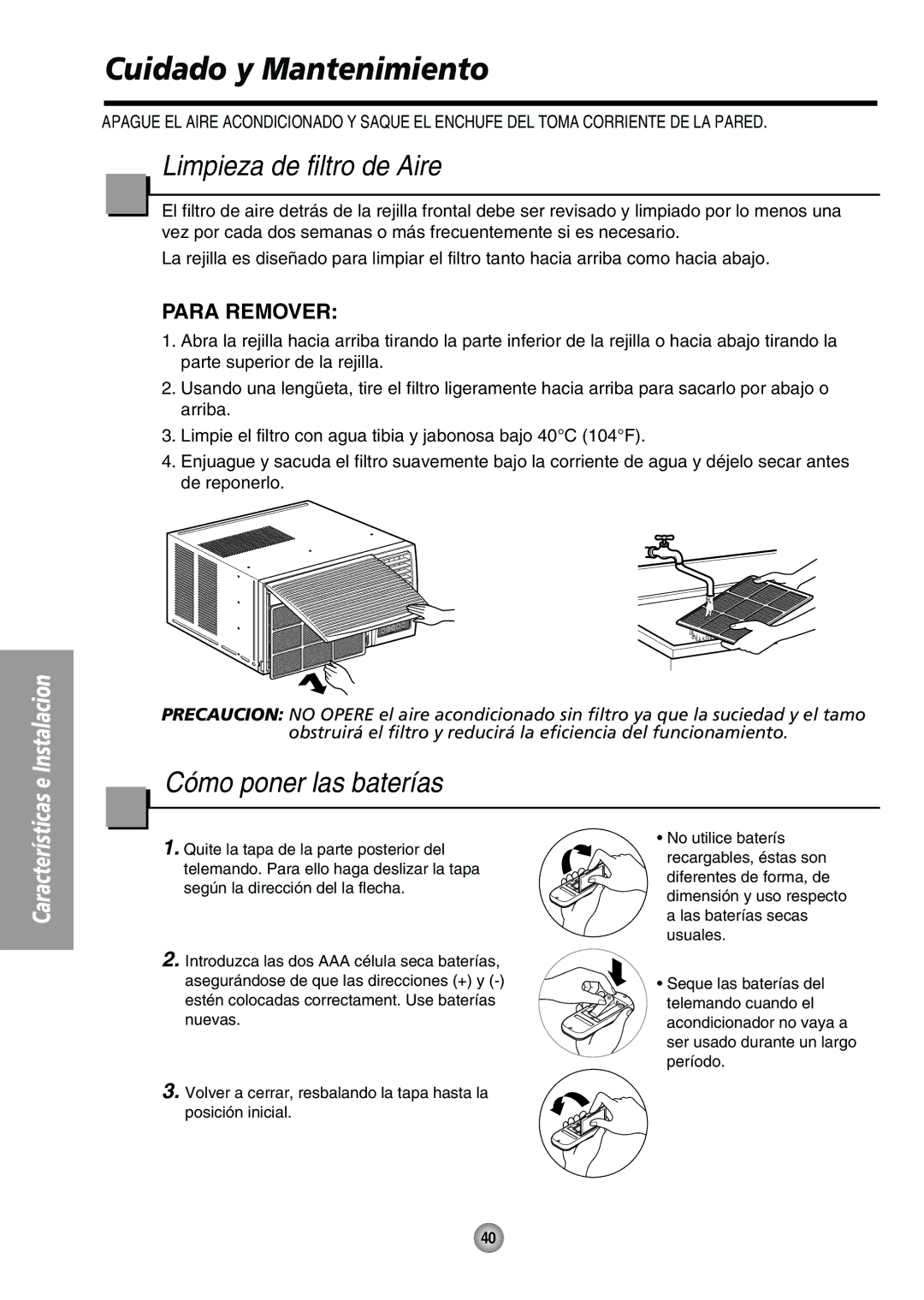 Panasonic CW-XC104HK, CW-XC104HU, CW-XC144HU Cuidado y Mantenimiento, Limpieza de filtro de Aire, Cómo poner las baterías 