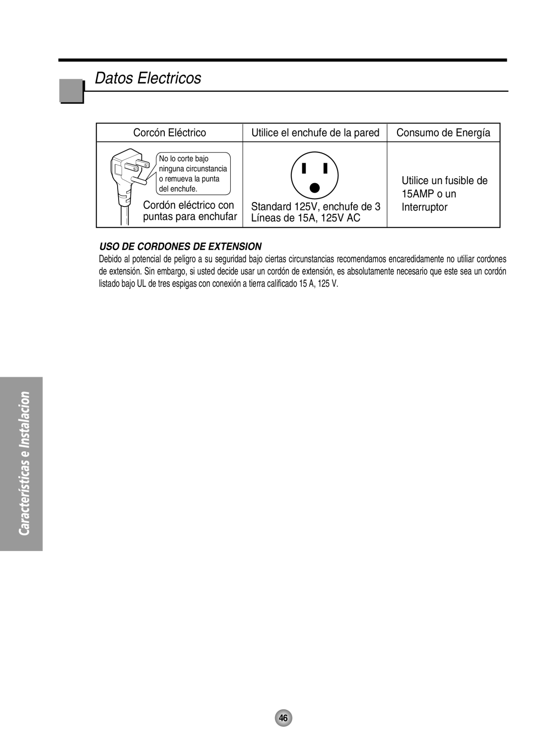 Panasonic CW-XC144HU, CW-XC104HK, CW-XC104HU, CW-XC124HU manual Datos Electricos, USO DE Cordones DE Extension 