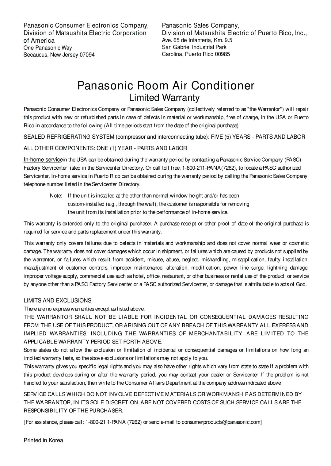 Panasonic CW-XC104HK, CW-XC104HU, CW-XC144HU, CW-XC124HU manual Panasonic Room Air Conditioner 