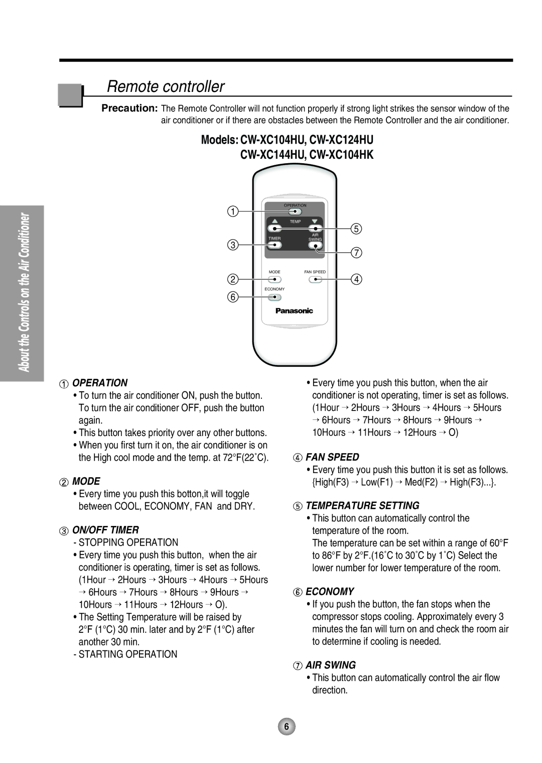 Panasonic CW-XC144HU, CW-XC104HK, CW-XC104HU, CW-XC124HU manual Remote controller, Economy 