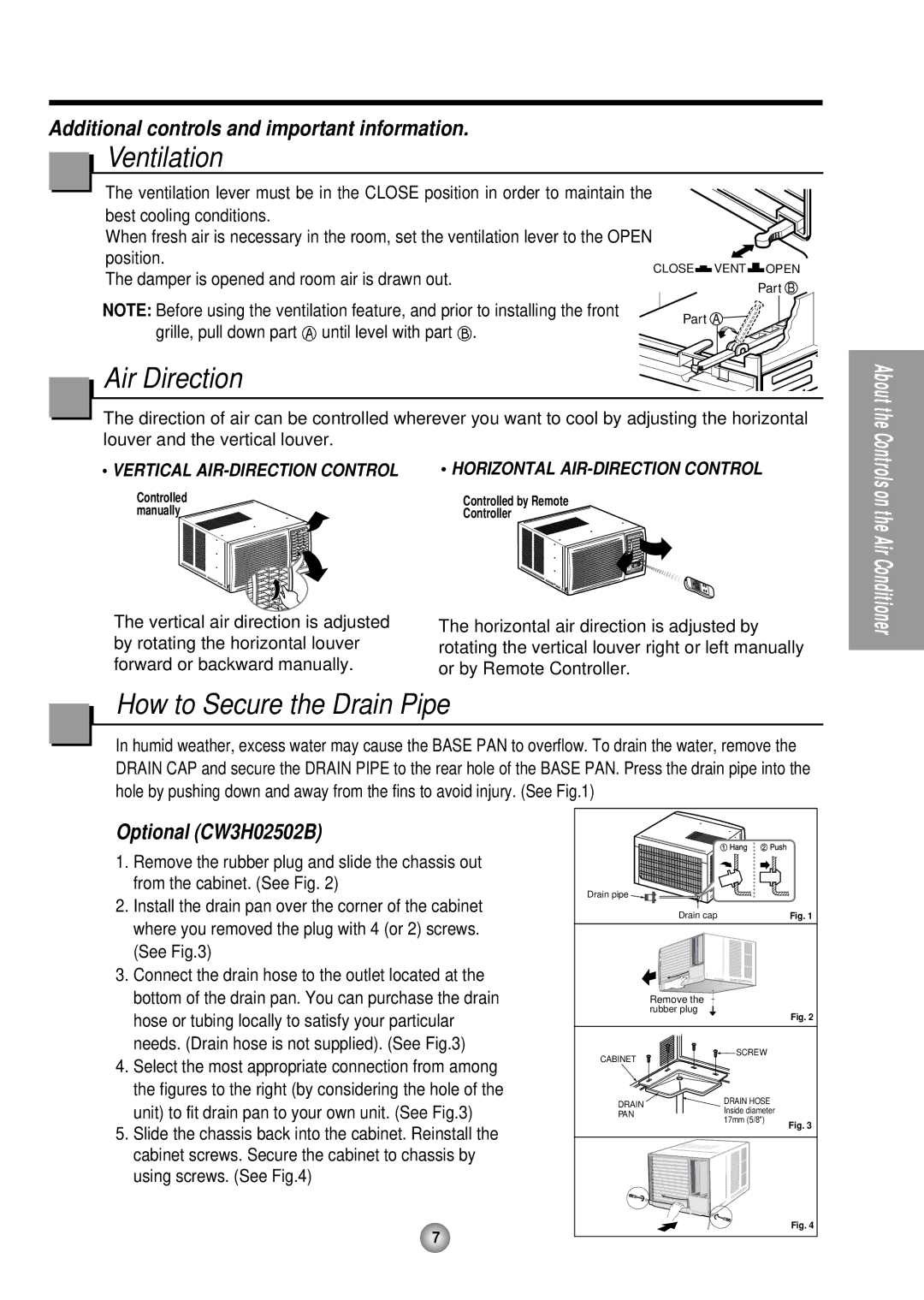 Panasonic CW-XC124HU, CW-XC104HK Ventilation, Air Direction, How to Secure the Drain Pipe, Vertical AIR-DIRECTION Control 