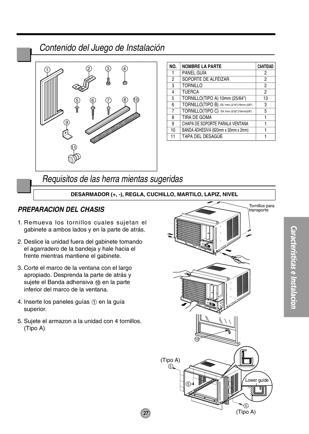 Panasonic CW-XC125HU, CW-XC105HU Contenido del Juego de Instalación, Requisitos de las herra mientas sugeridas 