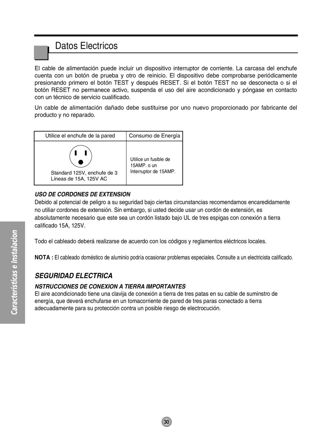 Panasonic CW-XC105HU Datos Electricos, USO DE Cordones DE Extension, Nstrucciones DE Conexion a Tierra Importantes 