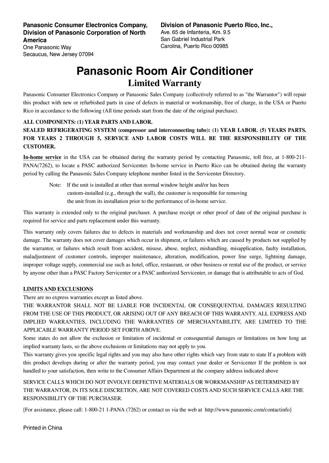 Panasonic CW-XC105HU, CW-XC125HU operating instructions Panasonic Room Air Conditioner 