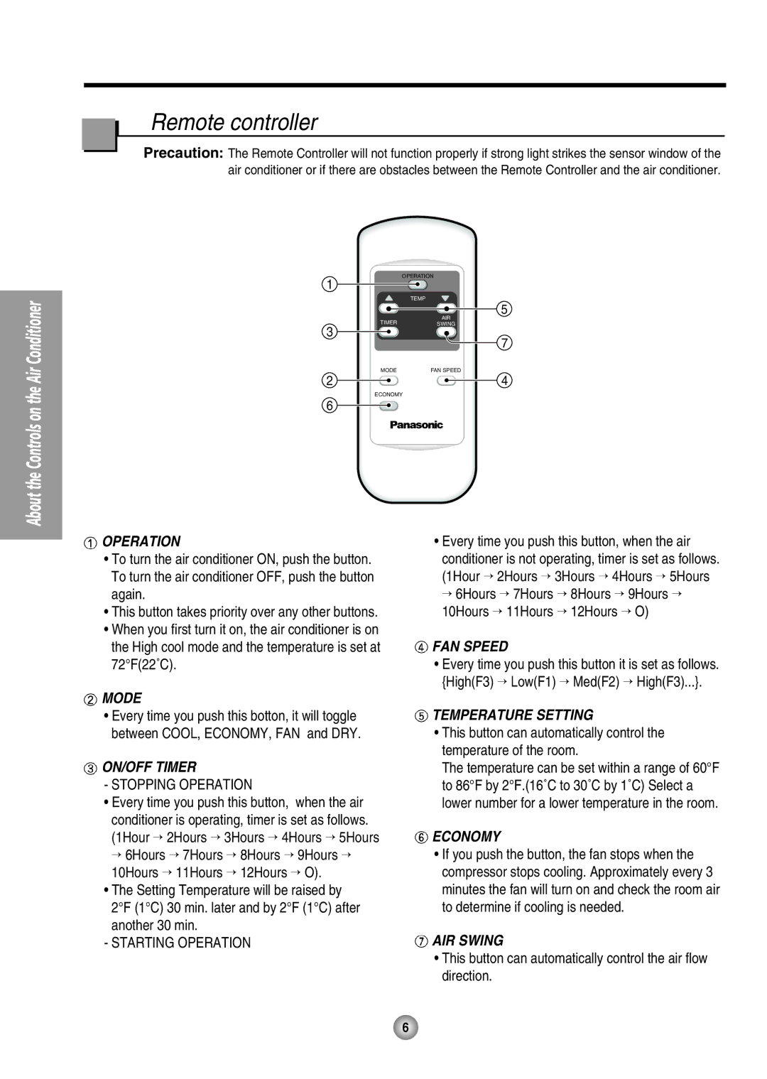 Panasonic CW-XC105HU, CW-XC125HU operating instructions Remote controller, Economy 