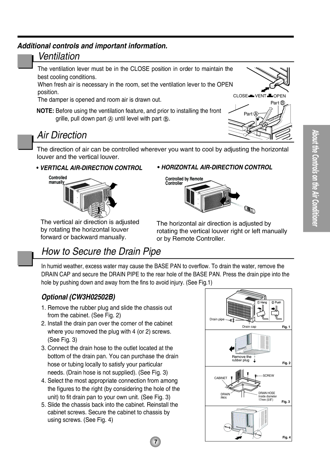 Panasonic CW-XC125HU, CW-XC105HU Ventilation, Air Direction, How to Secure the Drain Pipe, Vertical AIR-DIRECTION Control 