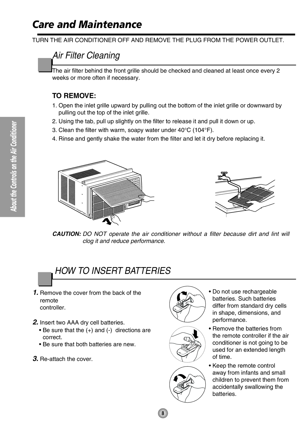 Panasonic CW-XC105HU, CW-XC125HU operating instructions Care and Maintenance, Air Filter Cleaning 