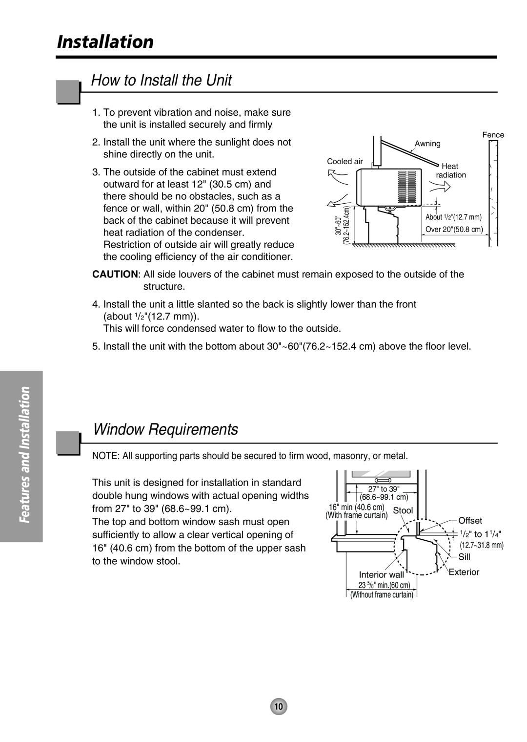 Panasonic CW-XC105HU, CW-XC125HU How to Install the Unit, Window Requirements, and Installation, Features 