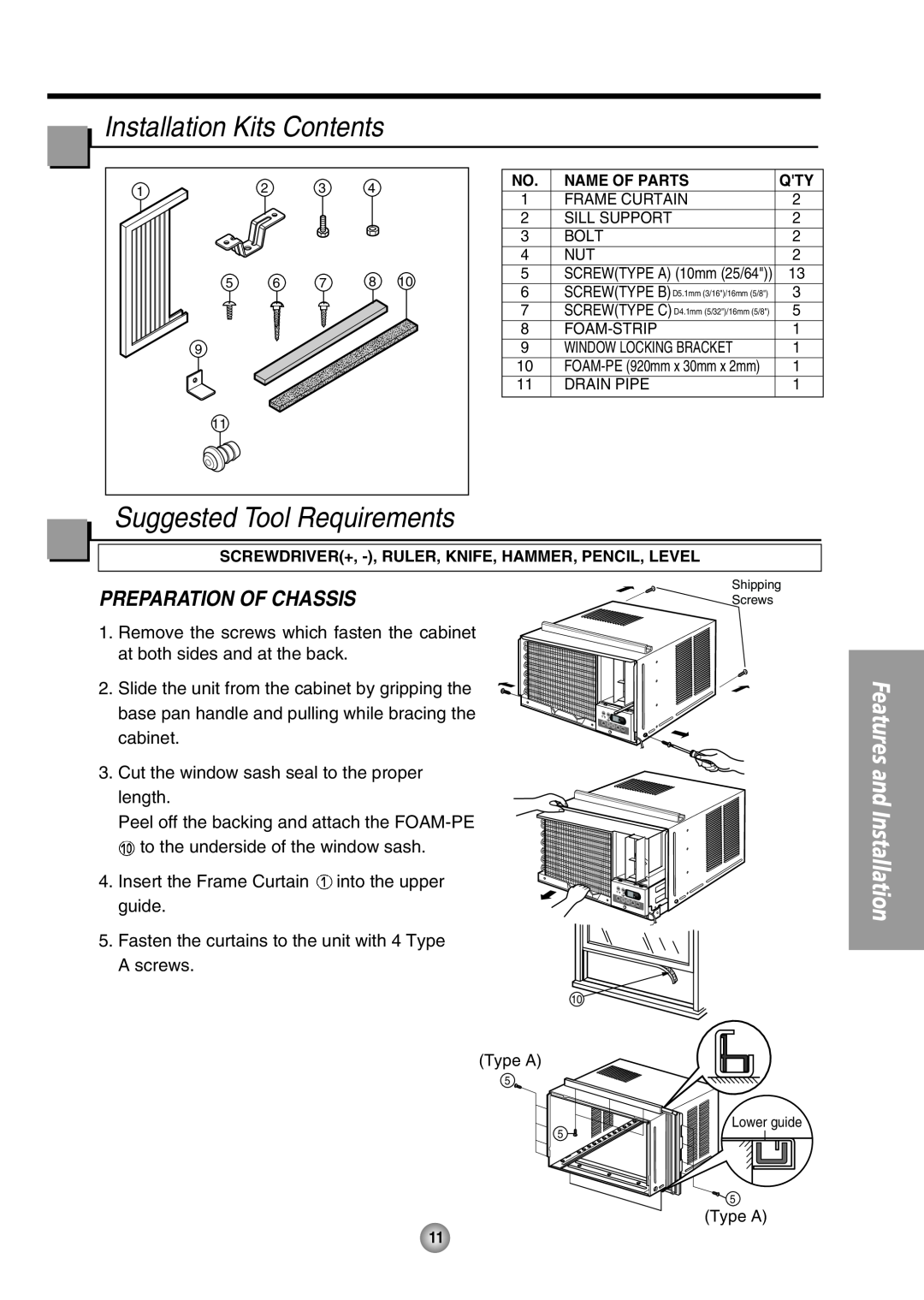 Panasonic CW-XC125HU, CW-XC105HU Installation Kits Contents, Suggested Tool Requirements, Preparation Of Chassis 
