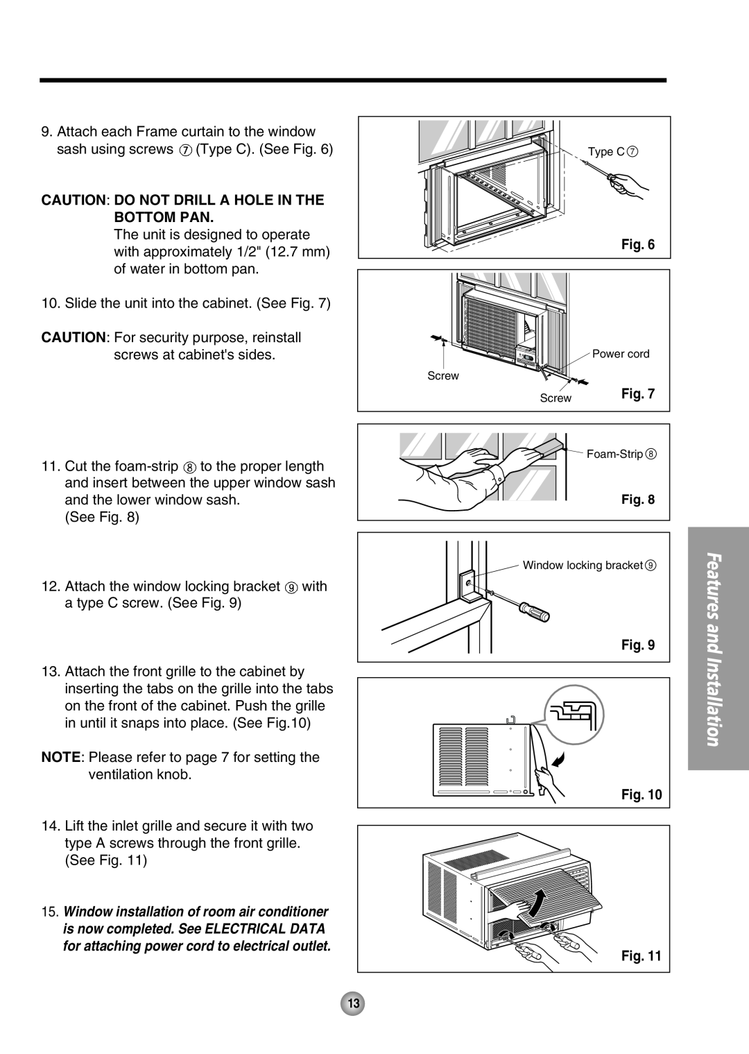 Panasonic CW-XC125HU, CW-XC105HU Caution Do Not Drill A Hole In The Bottom Pan, Fig. Fig. Fig, Features and Installation 