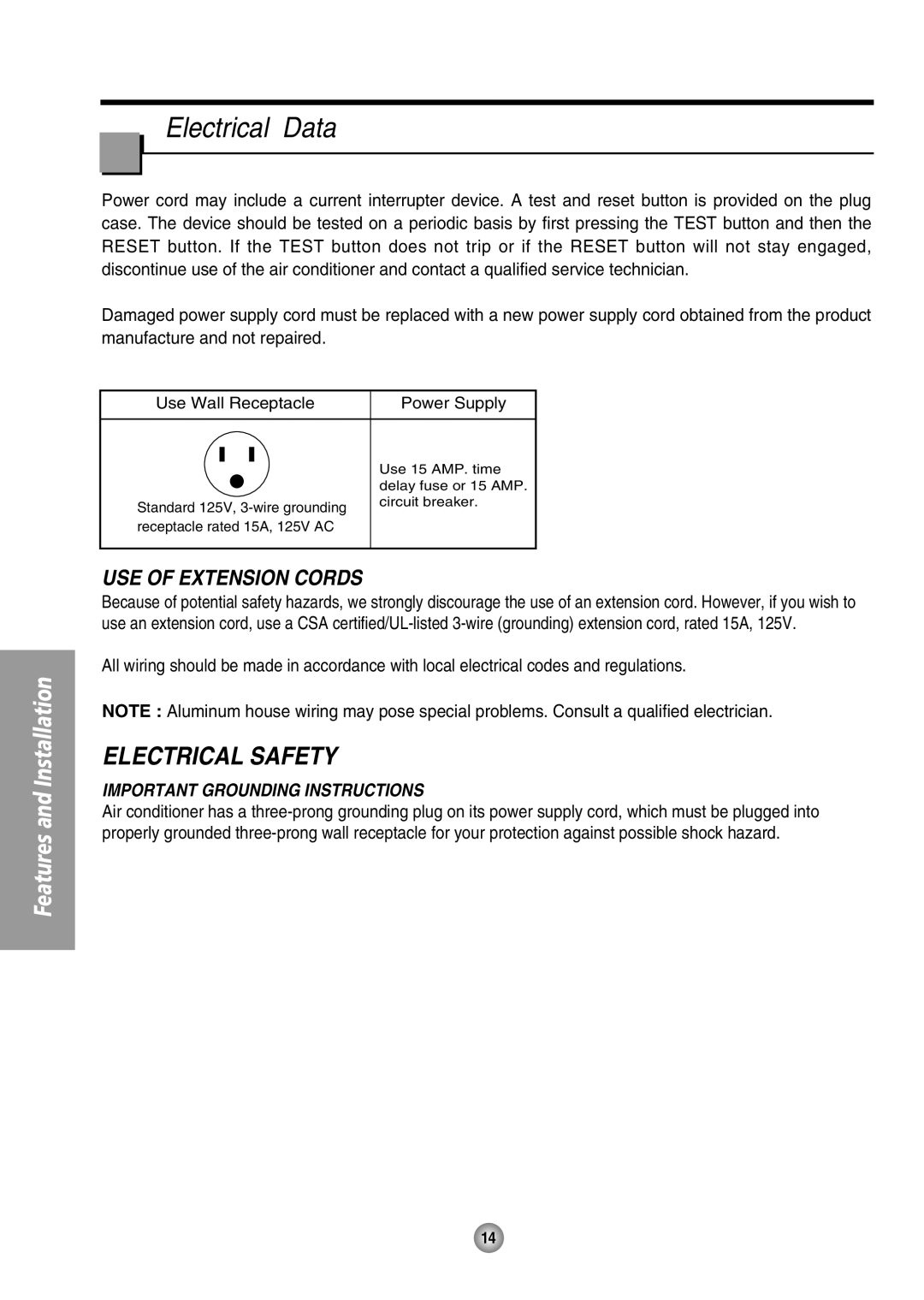 Panasonic CW-XC105HU Electrical Data, Use Of Extension Cords, Important Grounding Instructions, Electrical Safety 