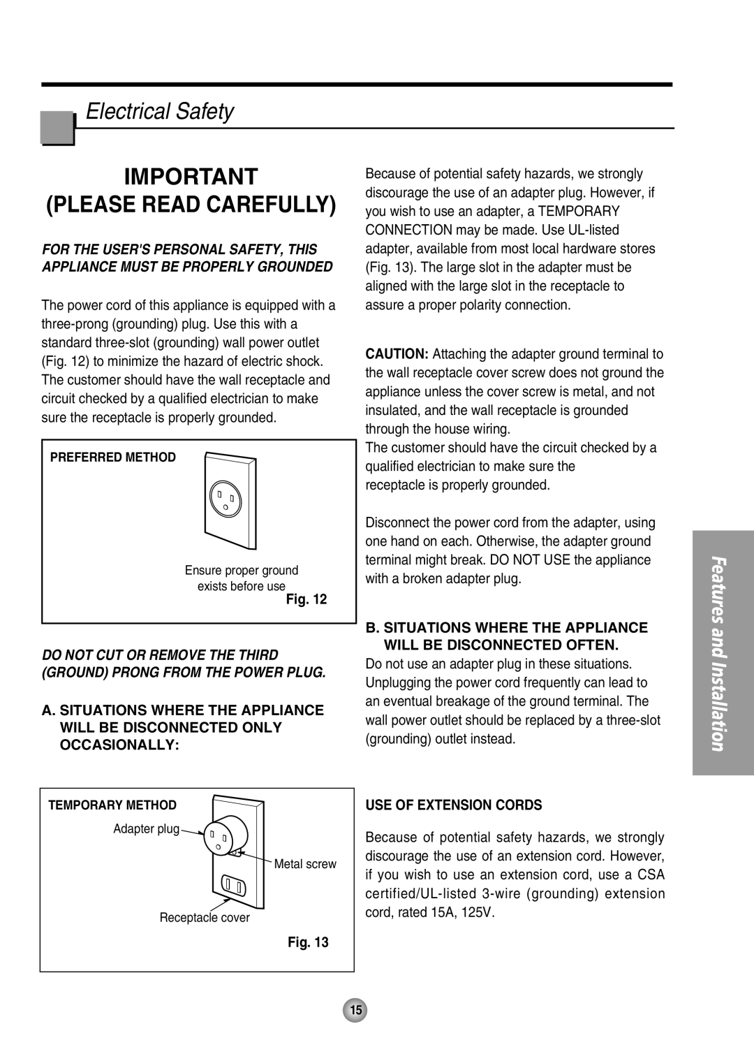 Panasonic CW-XC125HU Electrical Safety, Please Read Carefully, Use Of Extension Cords, Features and Installation 