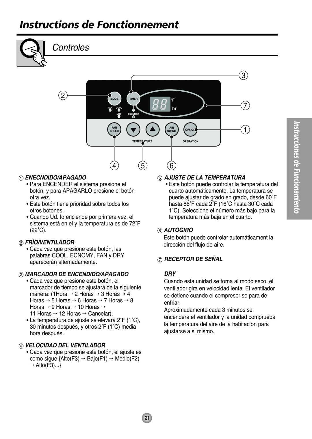 Panasonic CW-XC125HU, CW-XC105HU Instructions de Fonctionnement, Controles, Enecndido/Apagado, Frío/Ventilador, Autogiro 