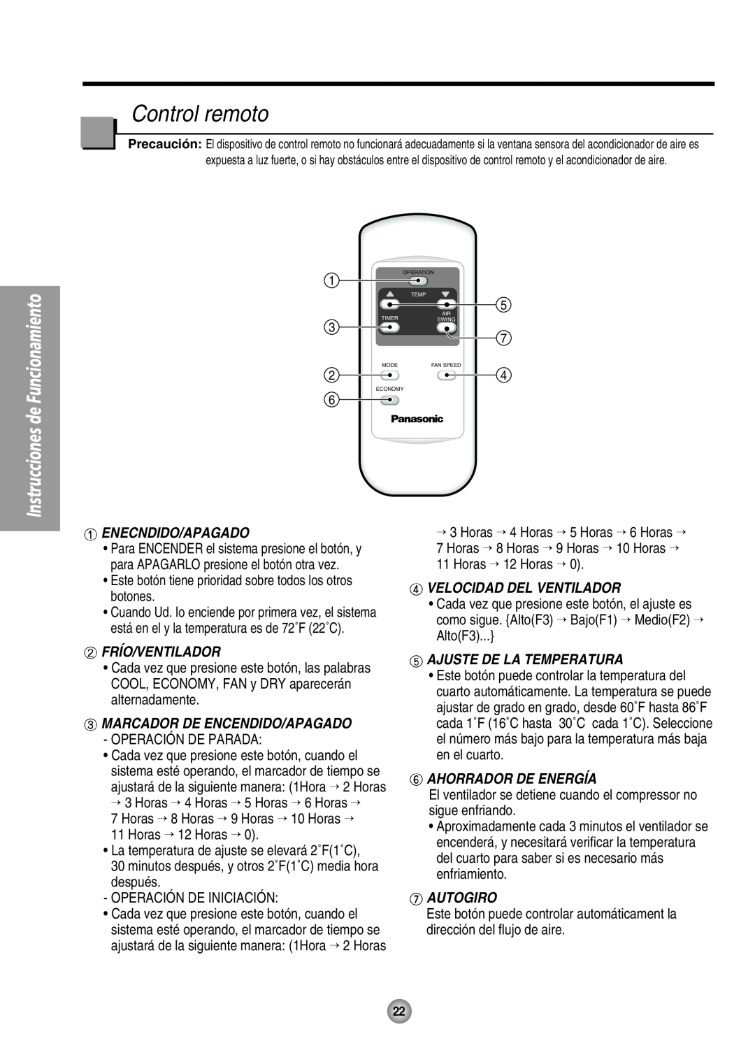 Panasonic CW-XC105HU Control remoto, Ahorrador De Energía, Enecndido/Apagado, Frío/Ventilador, Velocidad Del Ventilador 