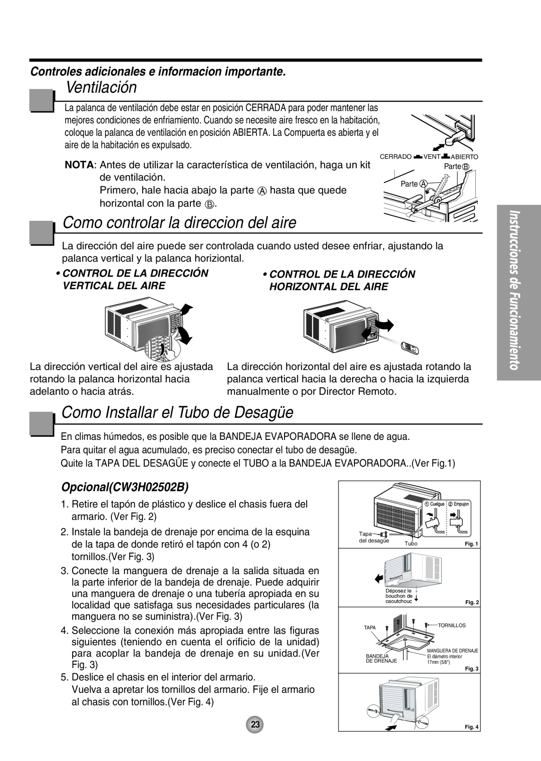 Panasonic CW-XC125HU, CW-XC105HU Ventilación, Como controlar la direccion del aire, Como Installar el Tubo de Desagüe 