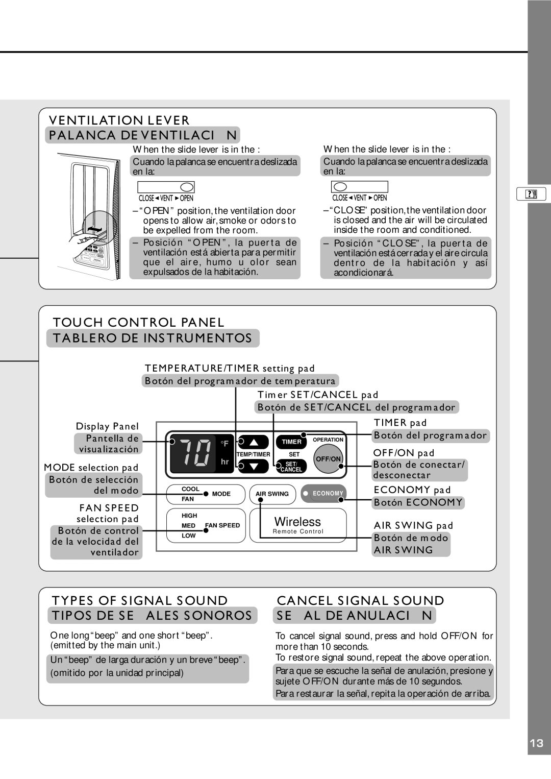 Panasonic CW-XC100AU, CW-XC120AU Ventilation Lever Palanca DE Ventilación, Touch Control Panel Tablero DE Instrumentos 