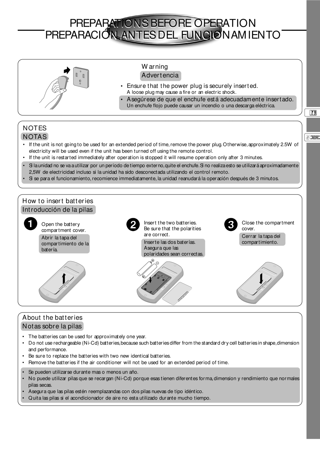 Panasonic CW-XC100AU, CW-XC120AU manual Notas, Loose plug may cause a fire or an electric shock, Insert the two batteries 