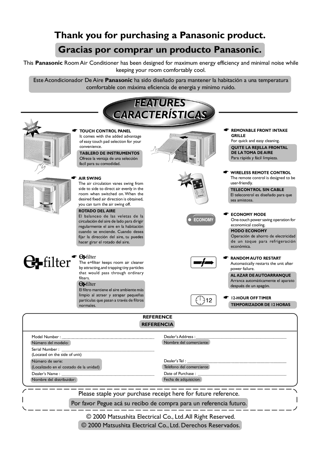 Panasonic CW-XC120AU, CW-XC100AU manual Features Características, Touch Control Panel 