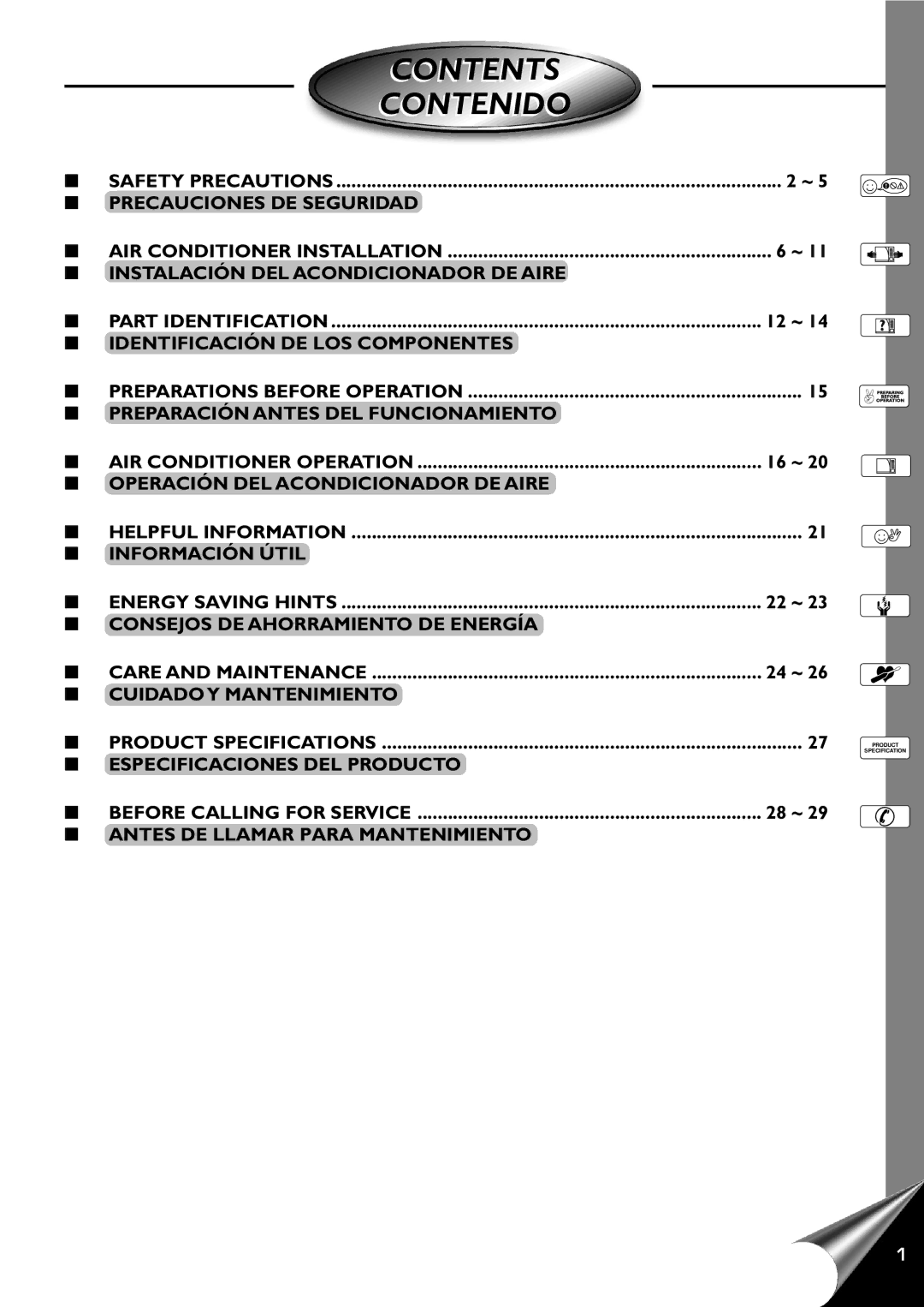 Panasonic CW-XC100AU, CW-XC120AU manual Contents Contenido 