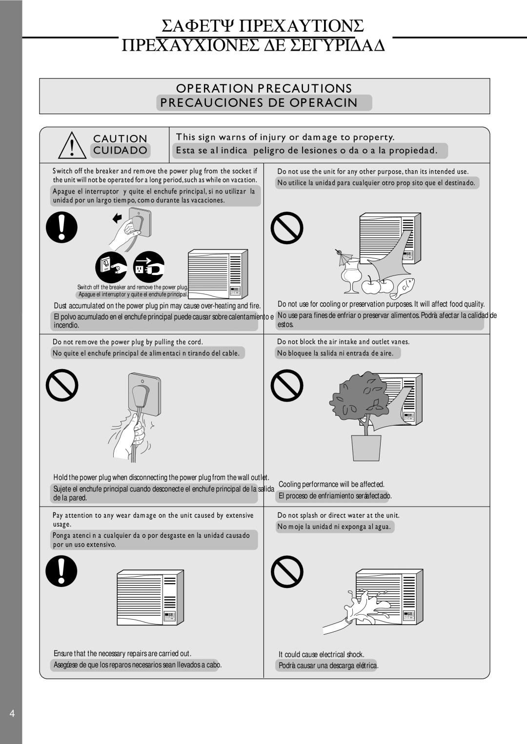 Panasonic CW-XC120AU, CW-XC100AU manual Do not splash or direct water at the unit 