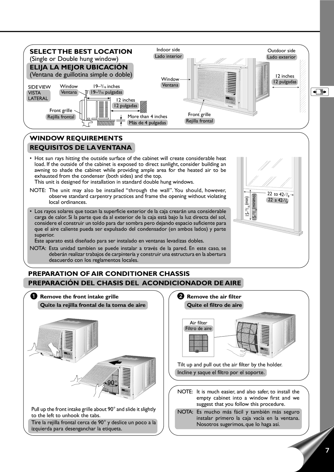 Panasonic CW-XC100AU Select the Best Location, Elija LA Mejor Ubicación, Window Requirements Requisitos DE LA Ventana 