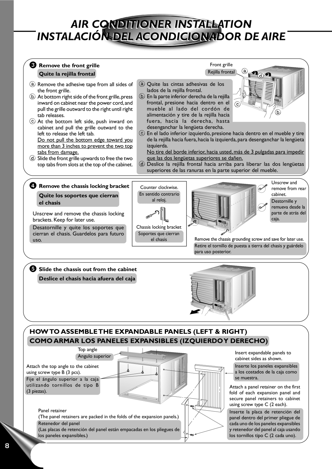 Panasonic CW-XC120AU manual Air Conditioner Installation, Instalación Del Acondicionador De Aire, 3Remove the front grille 