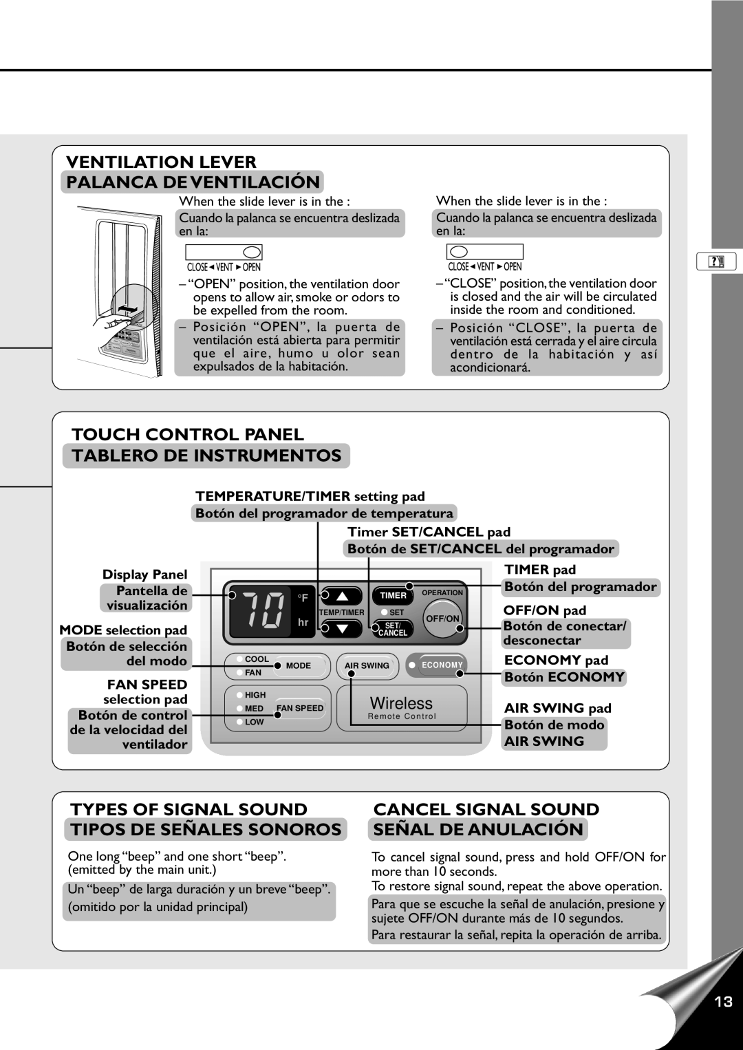 Panasonic CW-XC100AU Ventilation Lever Palanca De Ventilación, Touch Control Panel, Tablero De Instrumentos, Wireless 