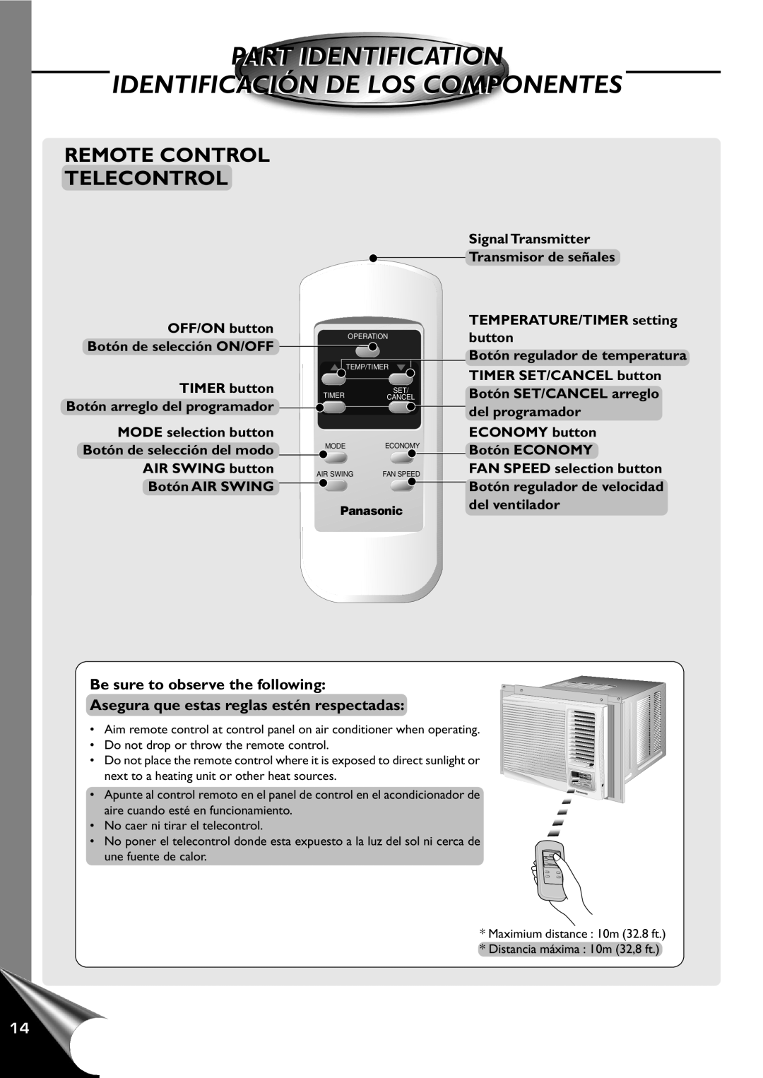 Panasonic CW-XC120AU Remote Control Telecontrol, Be sure to observe the following, Part Identification, Signal Transmitter 