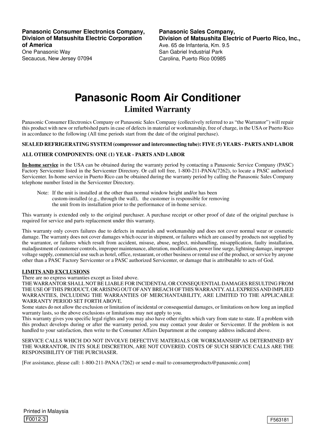 Panasonic CW-XC120AU Panasonic Room Air Conditioner, Limited Warranty, Panasonic Consumer Electronics Company, of America 