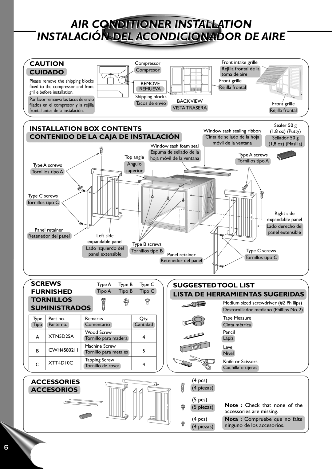 Panasonic CW-XC120AU manual Air Conditioner Installation, Instalación Del Acondicionador De Aire, Installation Box Contents 