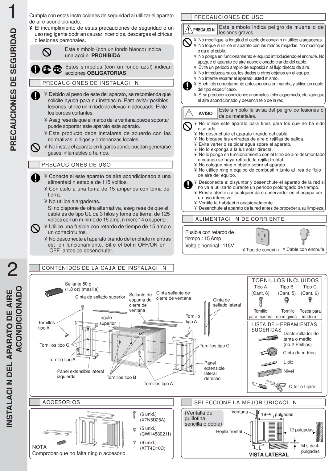 Panasonic CW-XC122VU Precauciones DE USO, Precauciones DE Instalación, Alimentación DE Corriente, Lista DE Herramientas 