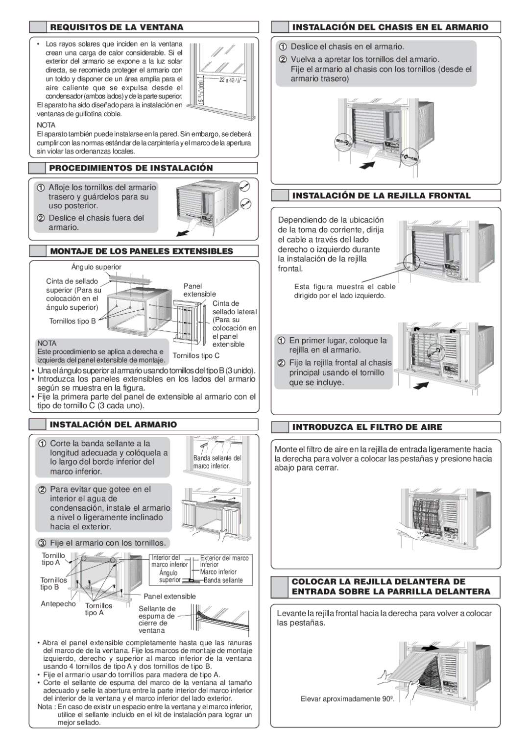 Panasonic CW-XC122VU Procedimientos DE Instalación, Montaje DE LOS Paneles Extensibles, Instalación DE LA Rejilla Frontal 